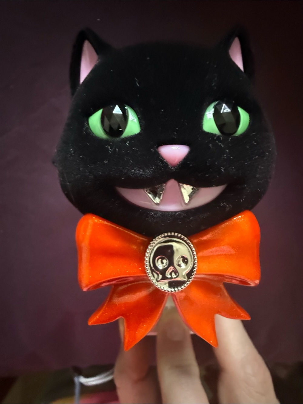 Bath & Body Works FUZZY Black Cat Figurine with Orange Bow and Green Eyes